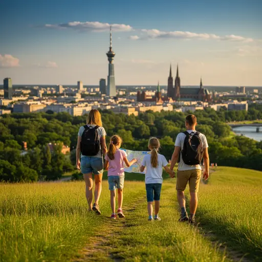 Korona Górek Wrocławia dla rodzin – rodzice z dziećmi na szczycie wzgórza z pieczątkami